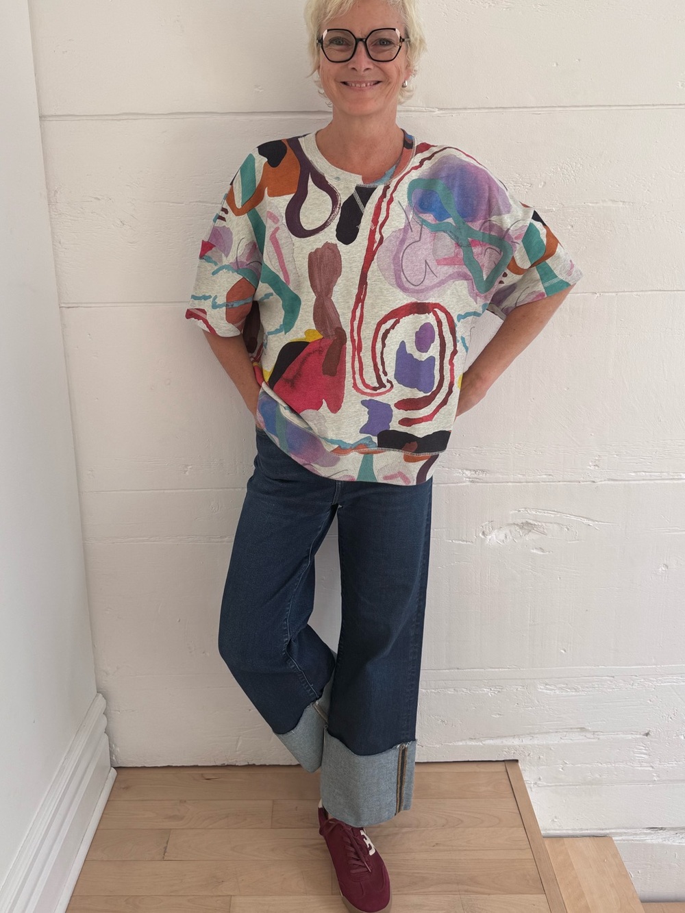 Gorman Abstract Multicolor Short-Sleeve Sweater - Artistic Print. Size M - L